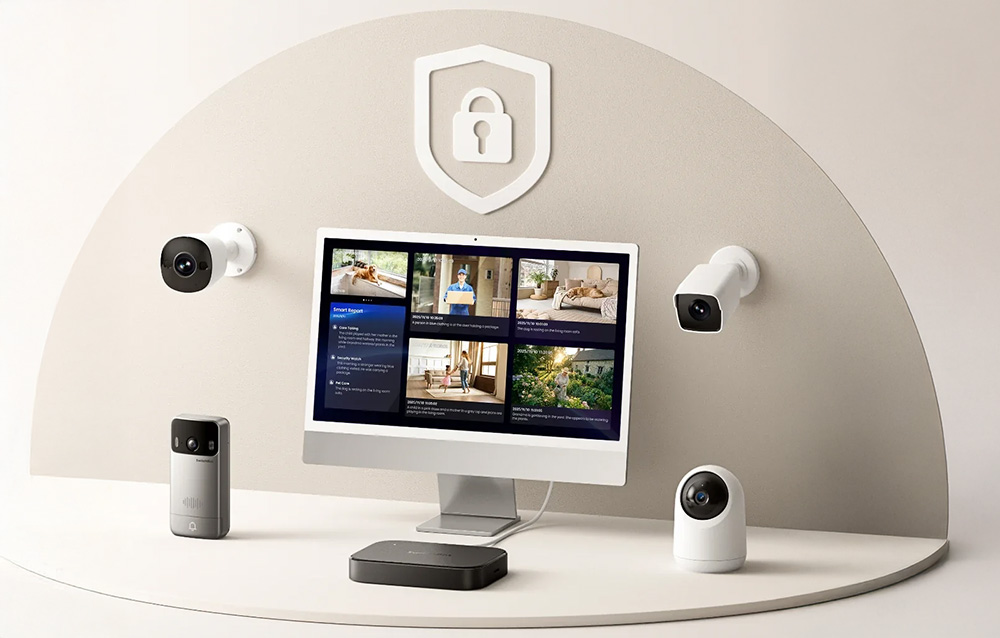 A computer monitor displaying a camera preview, surrounded by cameras and smart devices, with the SwitchBot gateway placed on the desk.
