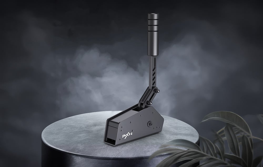 Black PXN sim racing handbrake positioned vertically on a round platform in a smoky setting
