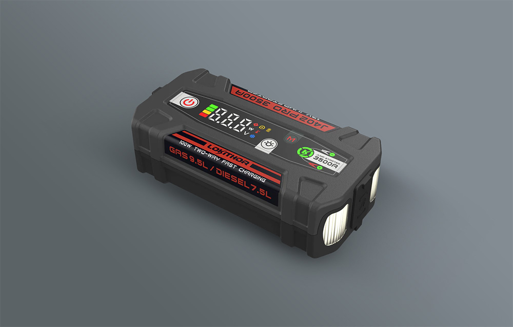 A jump starter shown at an angle with visible side lights and a color energy status display.