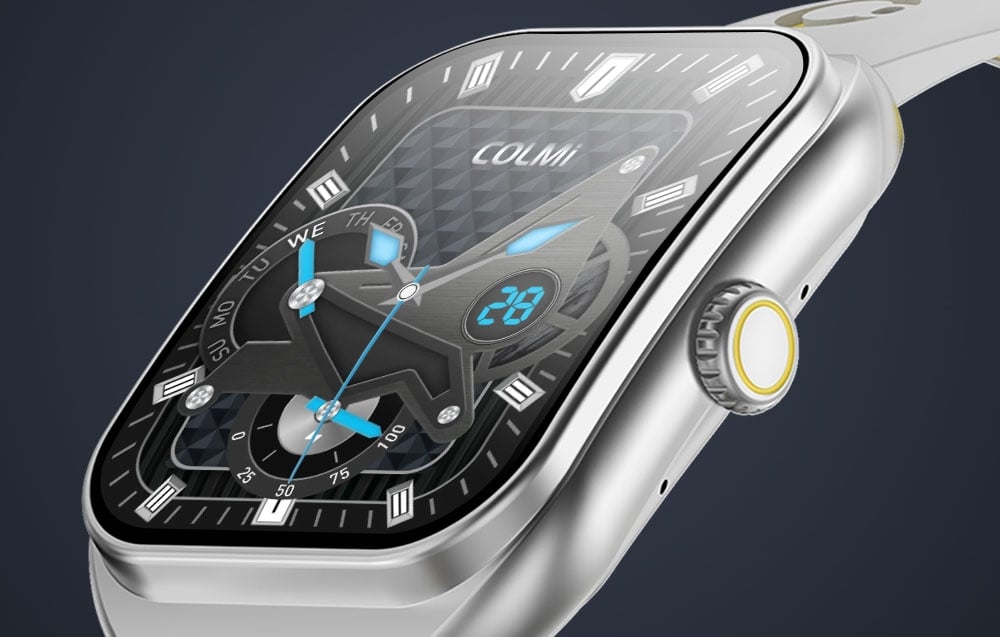 Silver smartwatch on a dark background.