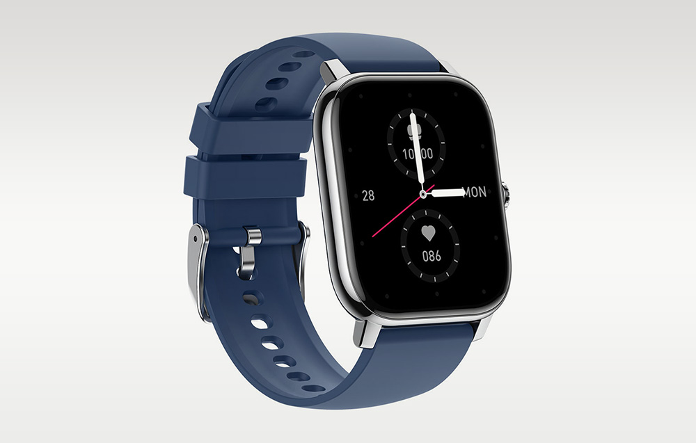 A navy blue smartwatch with a black analog watch face and additional activity trackers