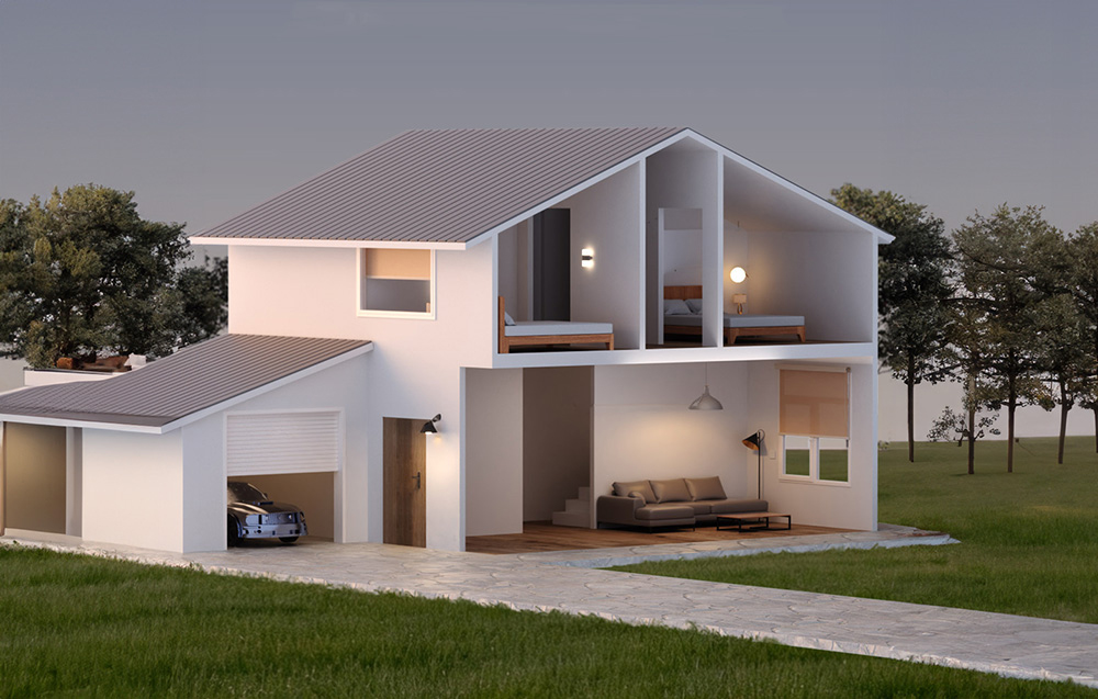Graphic of a cross-section of a two-story house with lit interiors, showing intelligent lighting control throughout the building