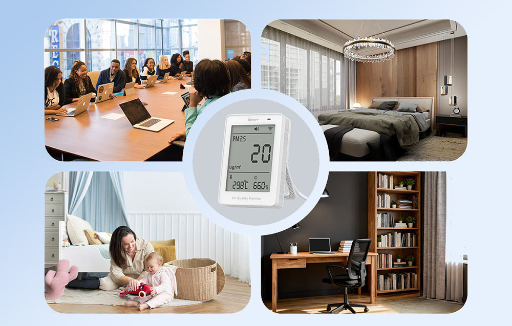 Sonoff air quality meter and the rooms where it can be used: office, bedroom, children's room, and home office
