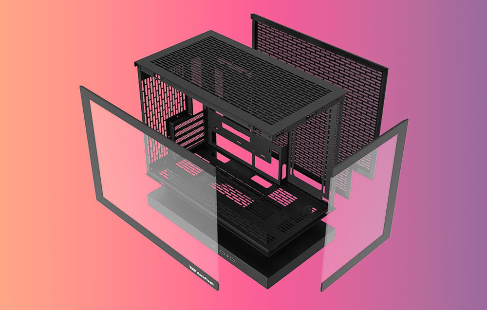 Unfolding black computer case with glass panels on a gradient background in pink and orange colors