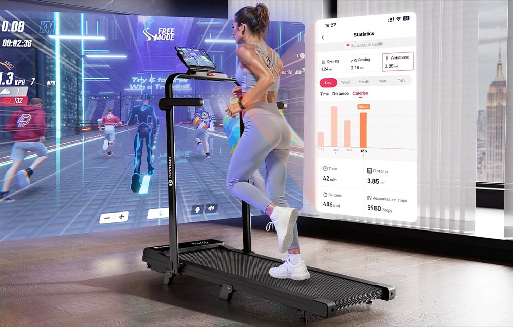A woman runs on a black treadmill during a virtual workout with the app interface showing statistics