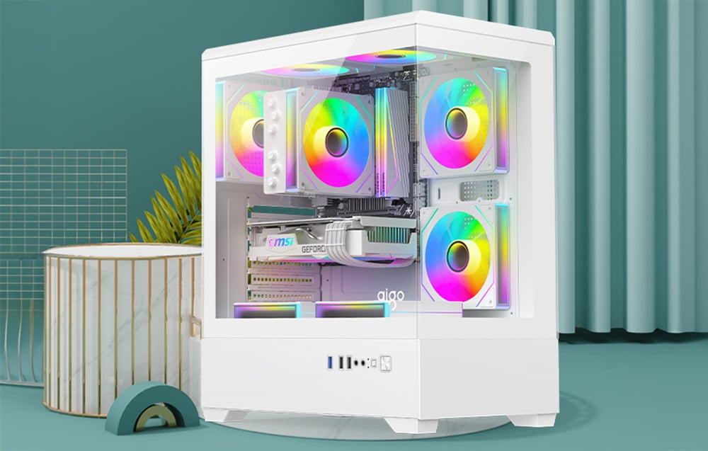 White PC case with RGB fans in an aquamarine setting