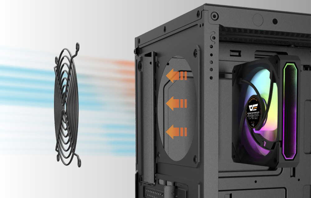 Fan next to black computer case with backlit components.