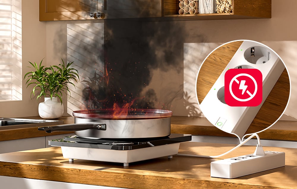 A burning frying pan on an electric stove in the kitchen