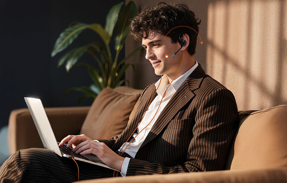 A man in a suit sitting on a couch and working on a laptop wearing headphones with a microphone