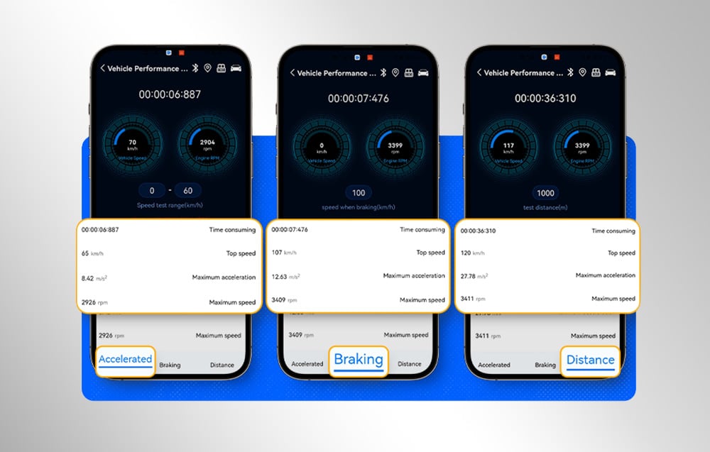 Three screens of the mobile app showing vehicle performance test results: acceleration, braking, and distance
