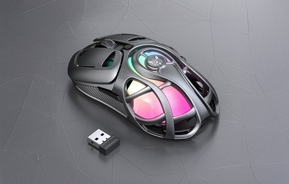 Black gaming mouse with backlight and adapter on gray background