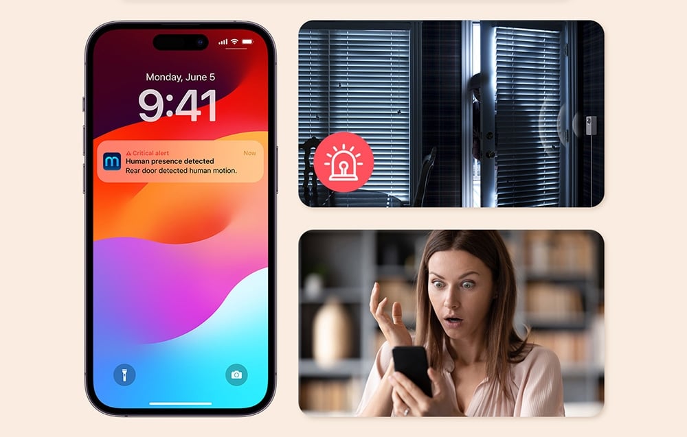 Smartphone screen with notification of motion detection, next to a photo of a woman shocked by the message and a tilted door with a figure in the shadows