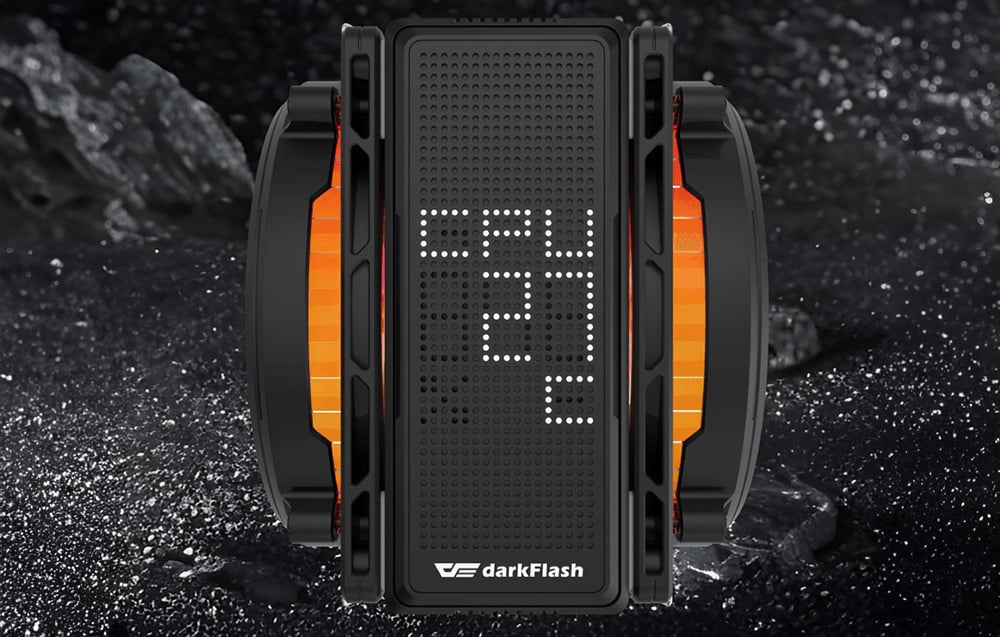 Darkflash active cooling with LED display on black background