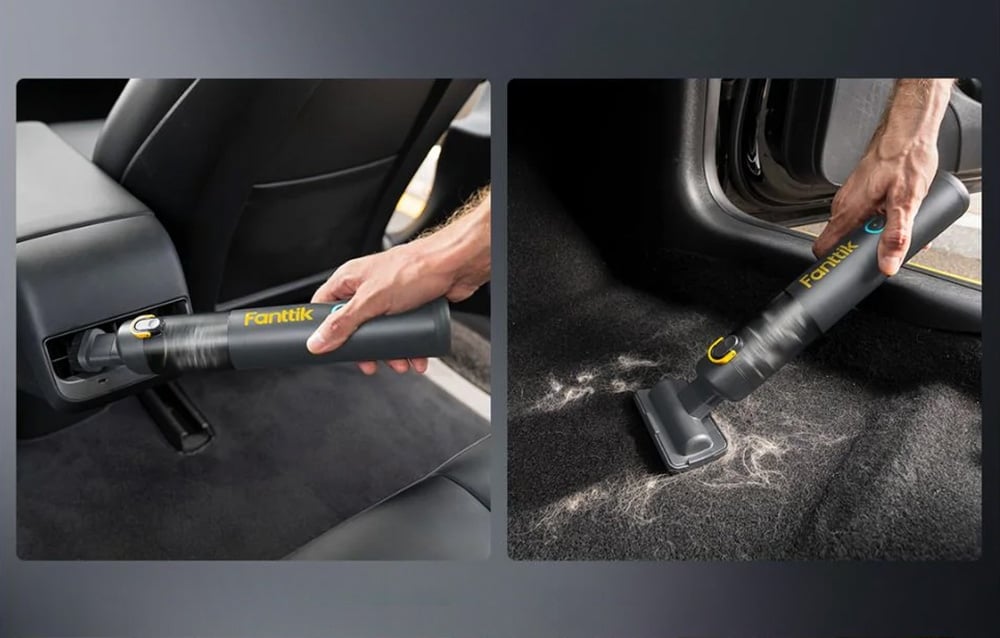 The cordless vacuum cleaner removes dirt from the car's air vents. Next to the car vacuum cleaner removes hair from the windshield wiper.