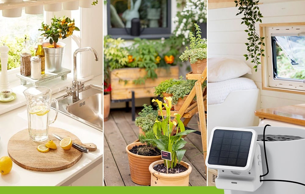 Color collage showing the use of the RainPoint system in the kitchen, garden and home interior