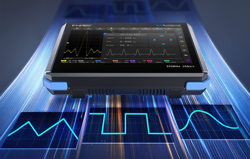 Digital oscilloscope with graphical examples of waveforms in the background.