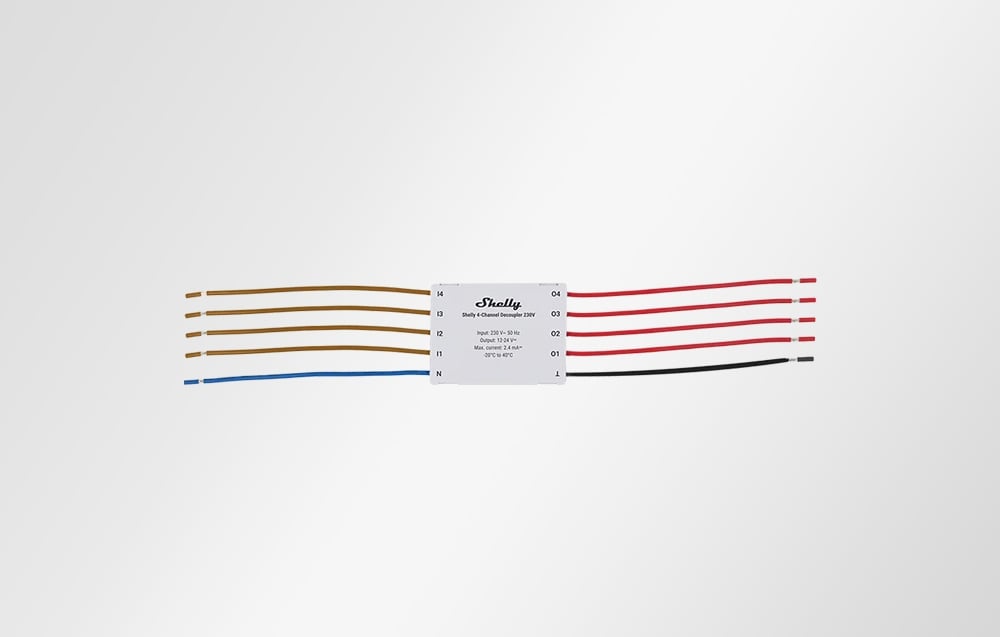 Shelly 4-Channel Decoupler module with multiple wires symmetrically laid out on a white background