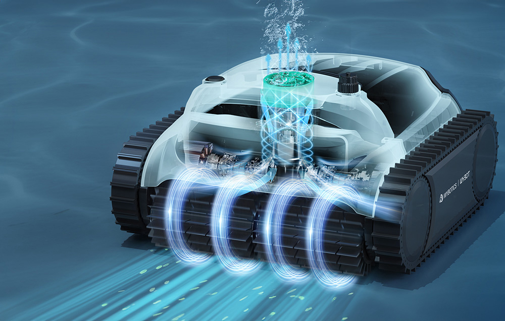 Cross-section of the Wybot M2 robot with graphics showing the filtration system and water flow