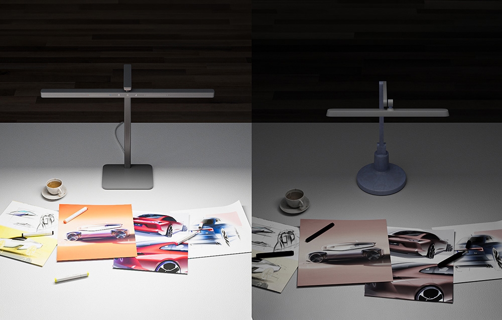 Two perspectives of a desk with car sketches illuminated by the same modern lamp