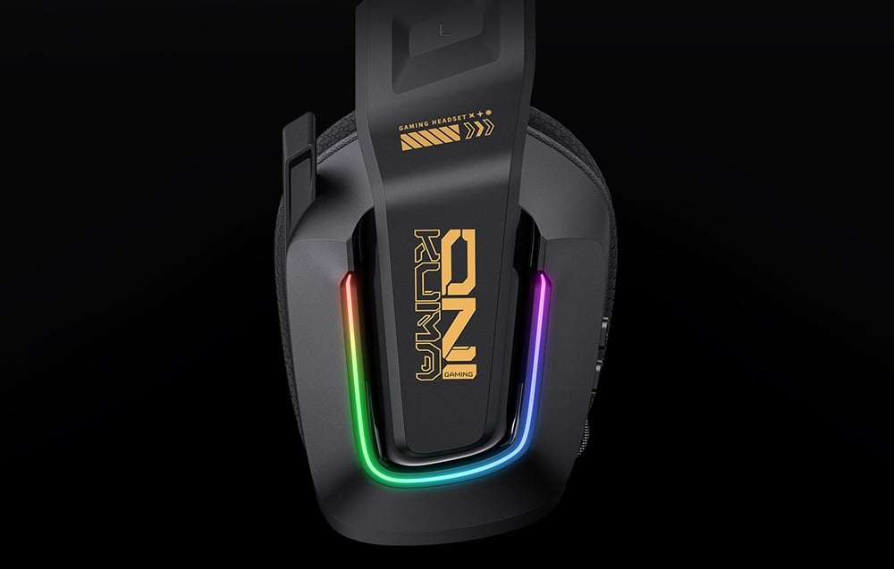 RGB backlit gaming headphones ear cup on dark background