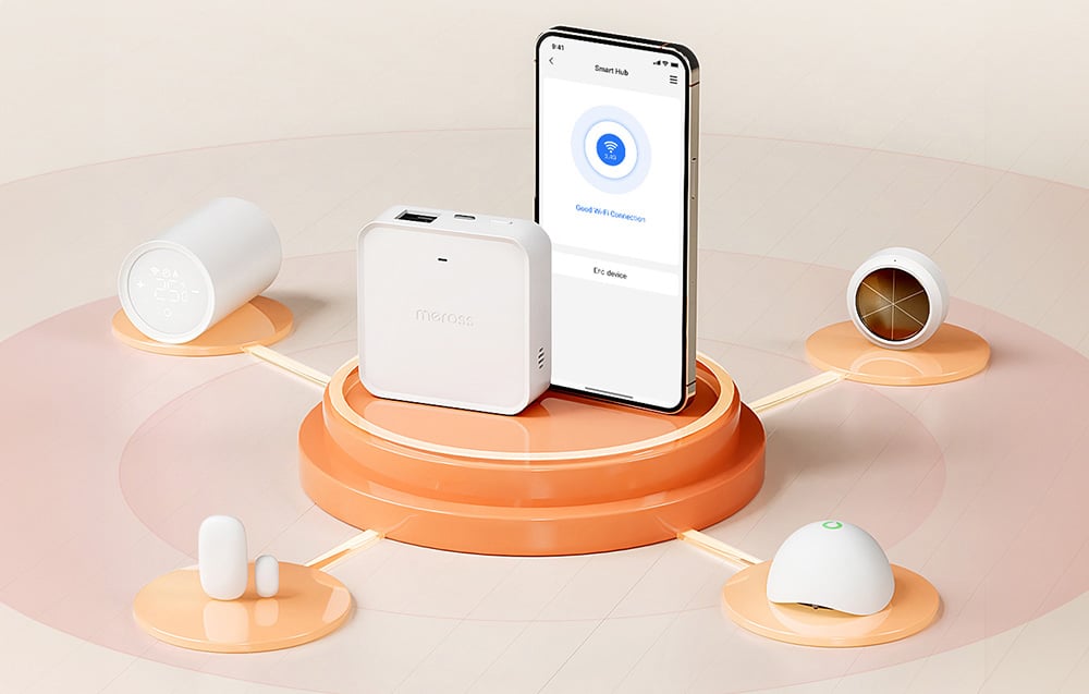 Meross smart hub and smartphone connected to various sensors in smart home system visualization