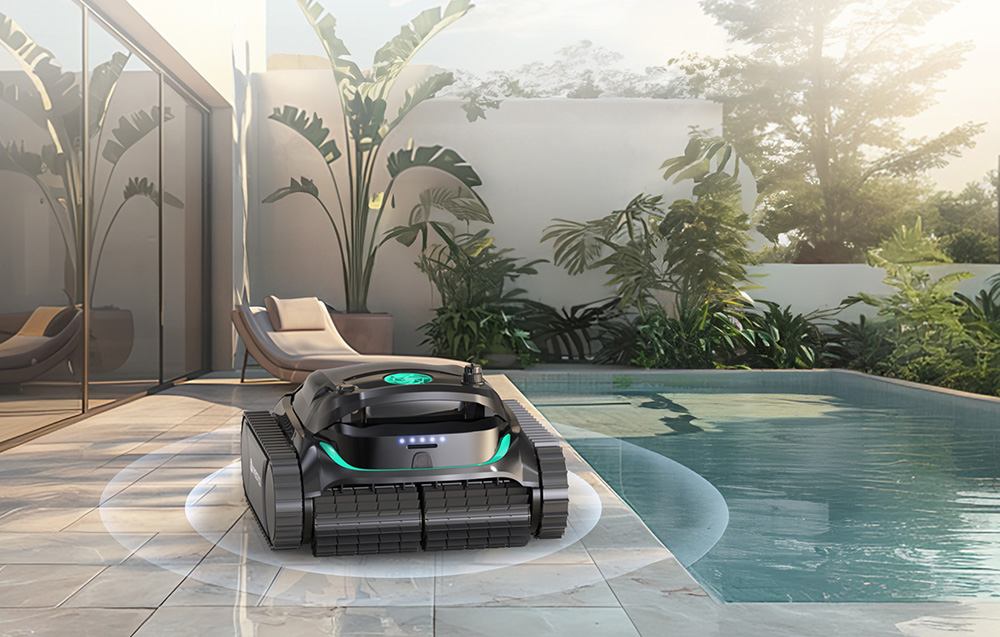 Wybot M2 robot standing on a base by the pool surrounded by plants