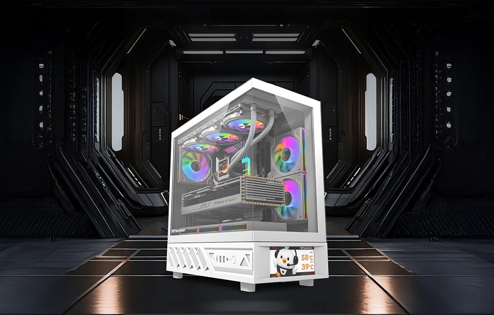 White PC case with RGB lighting and temperature display in a futuristic interior