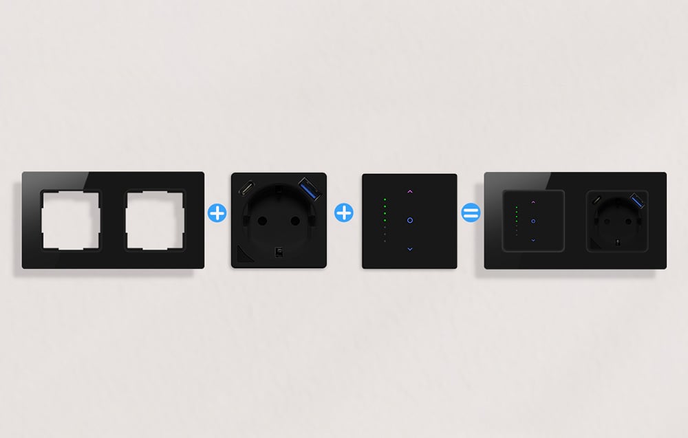 Example module configuration: black frame, USB socket, and touch dimmer.