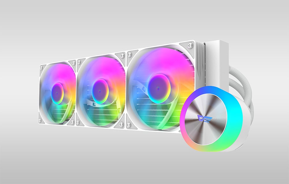 White AIO water cooling system with three fans and a pump block featuring multi-color RGB lighting at an angle