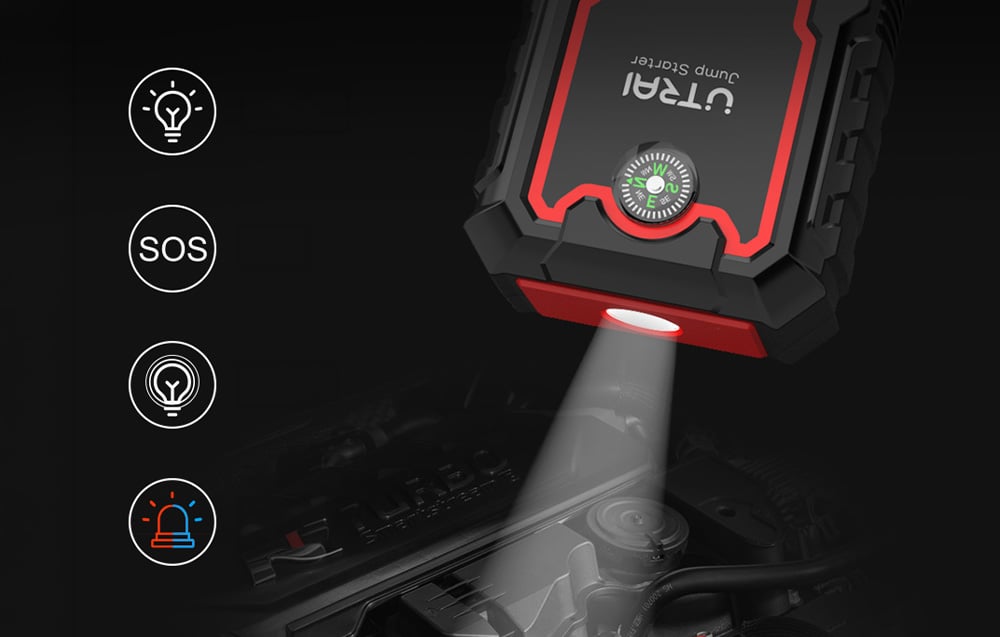 The Utrai jump starter with its powerful flashlight turned on, next to icons representing various lighting modes.