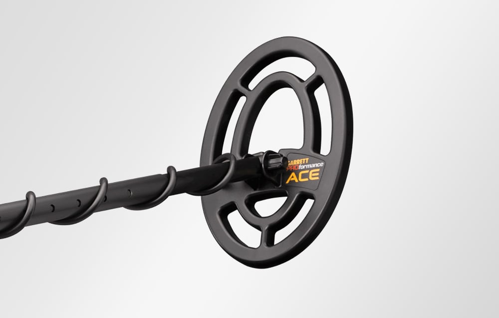 Close-up of the coil of the Garrett ACE 250 metal detector.