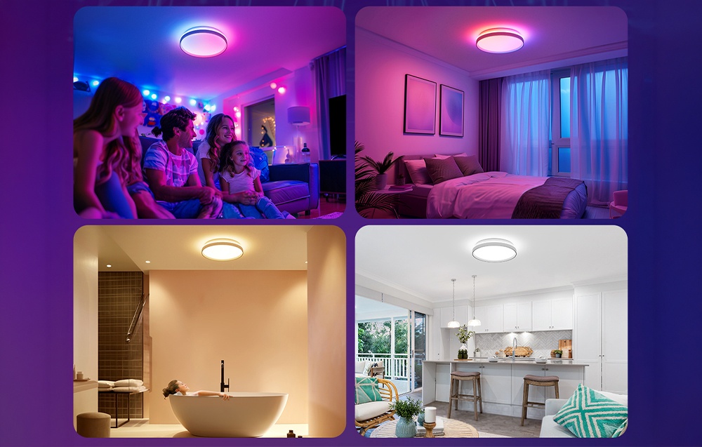 Four different interior designs—living room, bedroom, bathroom, and kitchen—illuminated with different colors of light.