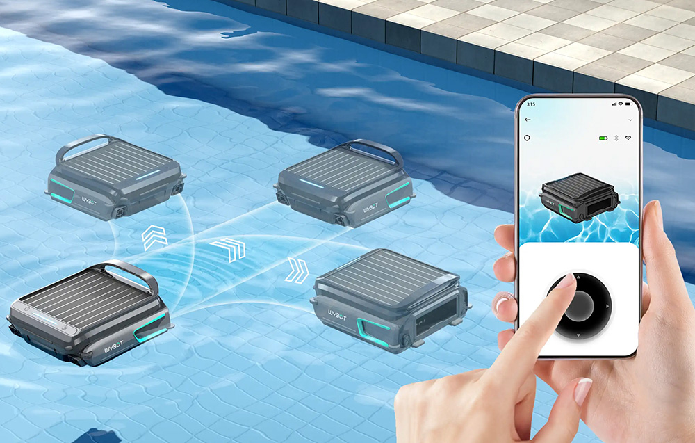 Smartphone controlling the Wybot F1 robot cleaning the pool