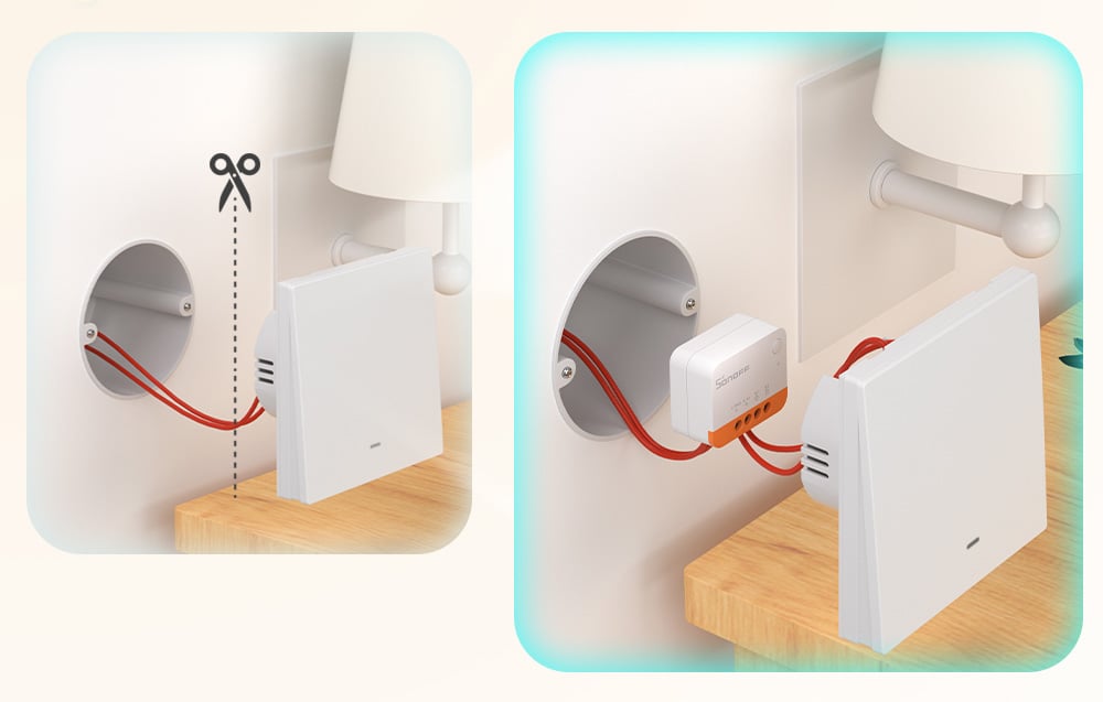 Two stages of installation of the Sonoff ZBMINI Extreme module at the bedside, with the wire cut and connected to the device
