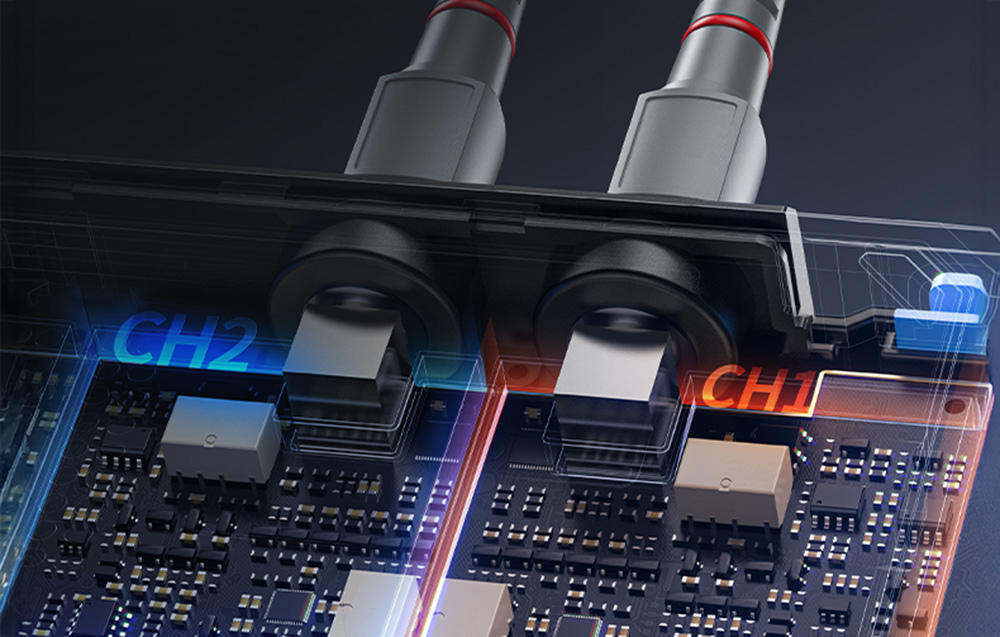 Two test leads connected to channels CH1 and CH2 of a digital oscilloscope