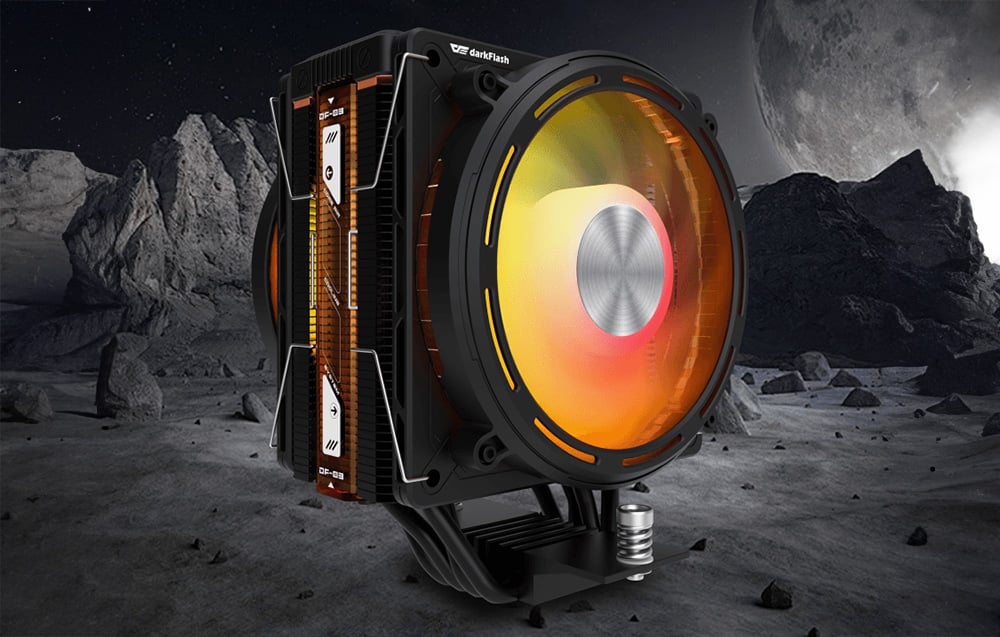 Darkflash active cooling on a background of rocks and the moon