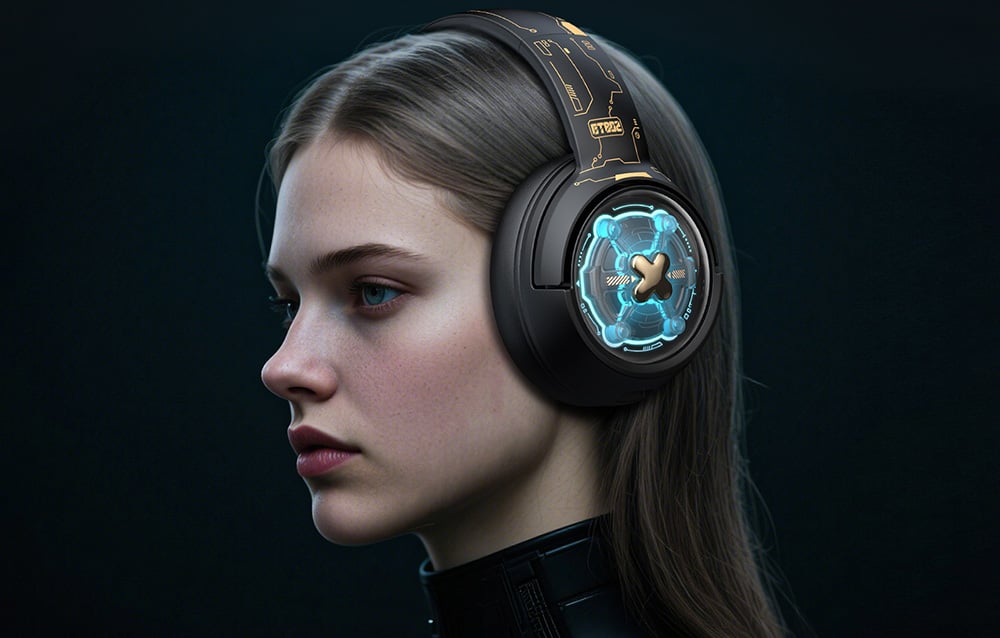 Woman in a black turtleneck wearing Onikuma headphones