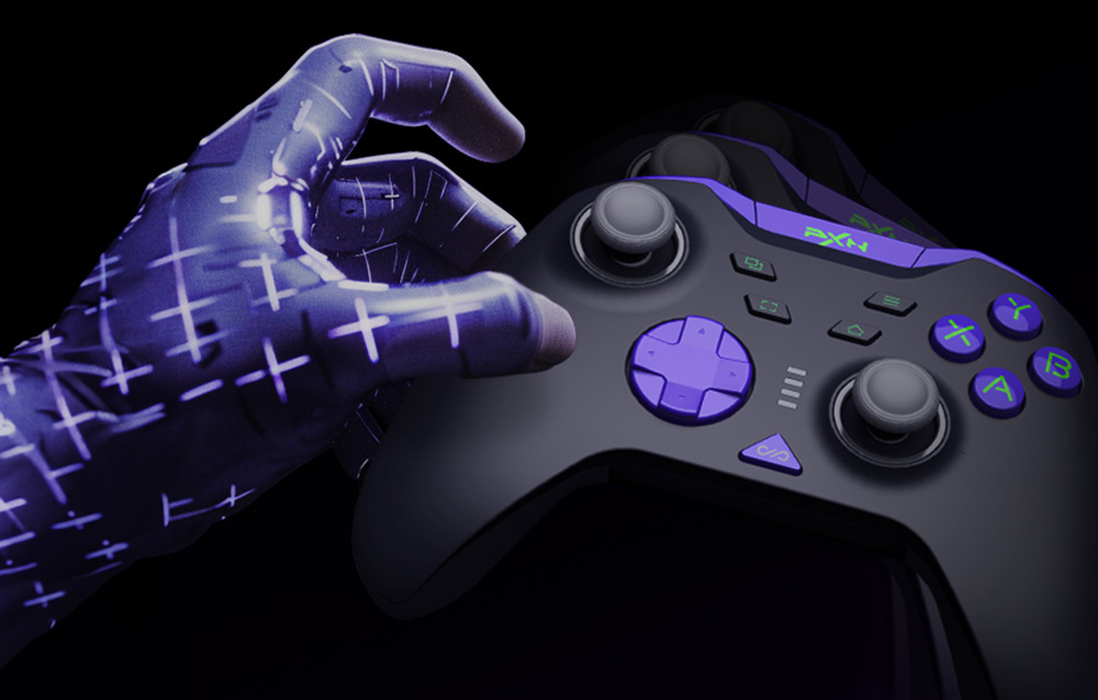 A digital hand with geometric patterns reaches for the black-and-purple PXN game controller against a black background