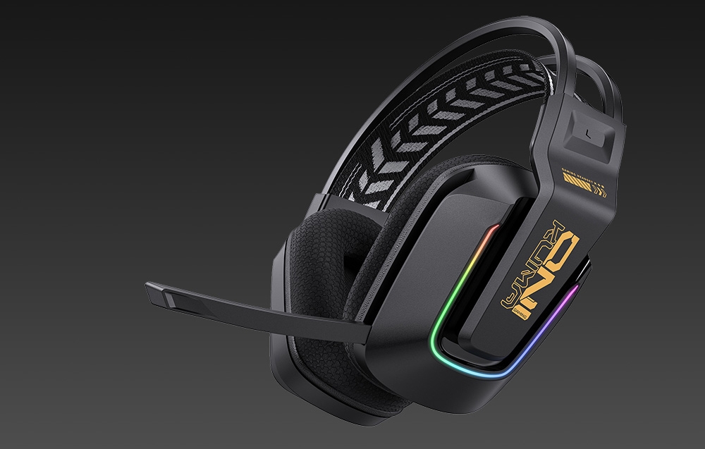 Perspective view of black gaming headphones with microphone and colorful RGB backlighting