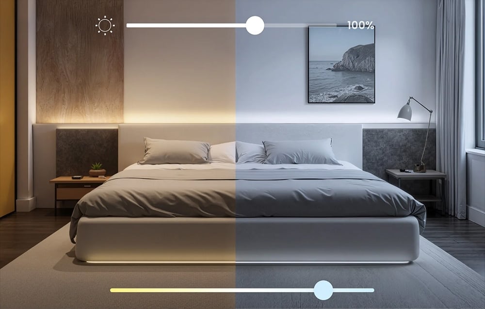 A bedroom divided in half, demonstrating brightness adjustment and a shift in light color from warm to cool.