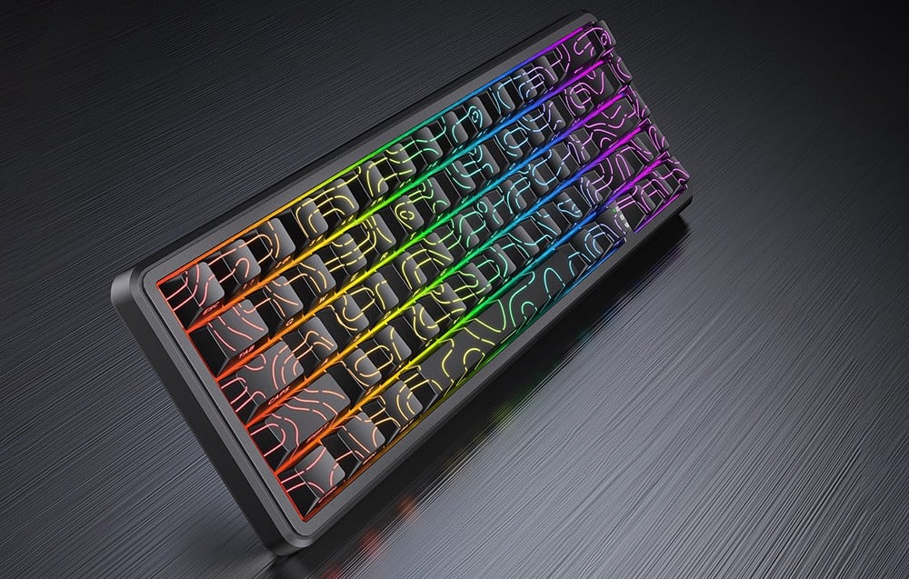 Gaming keyboard with RGB color backlighting on a dark background