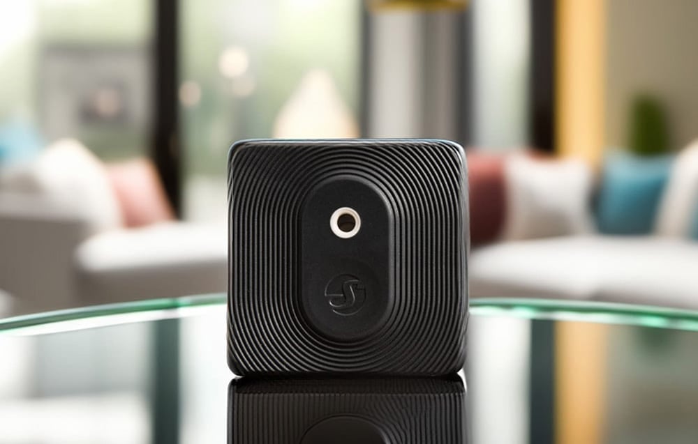 A black Shelly button sitting on a glass coffee table in a modern living room