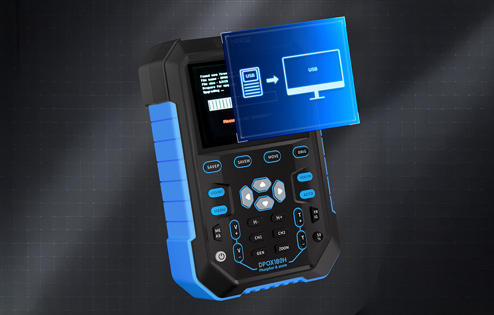 Handheld oscilloscope with graphics illustrating USB data transfer to a computer