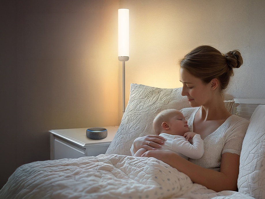 A woman holding a sleeping baby in a bed, illuminated by the warm glow of a tube lamp standing in the background.