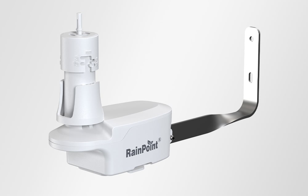 White RainPoint rain sensor with metal mounting bracket, side view