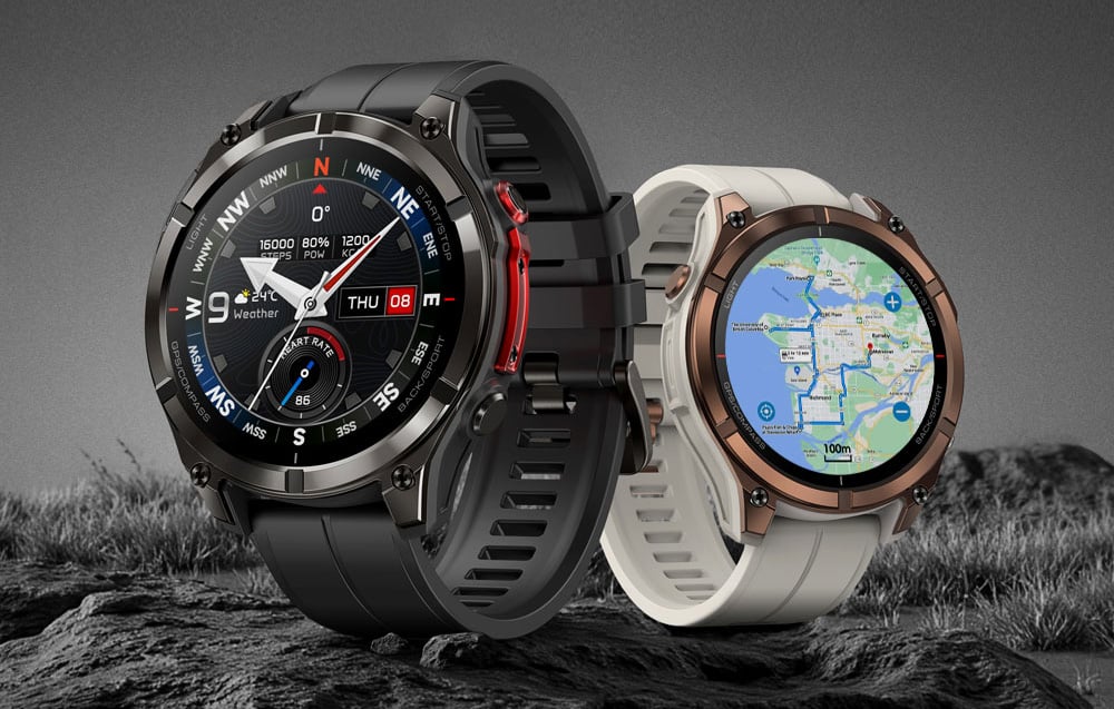 Black and white Zeblaze sports smartwatches displayed side by side on a dark stone