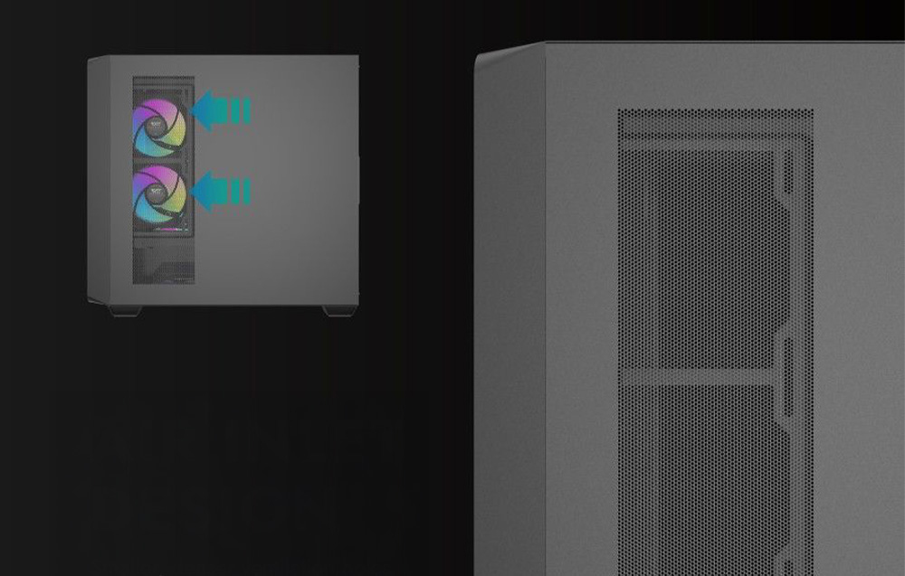 On the left, a black computer case with 2 fans. On the right, a fragment of a computer case is visible.