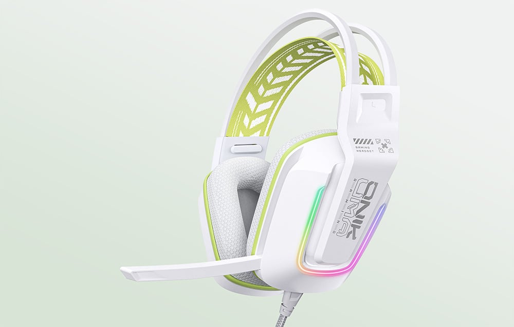 White gaming headphones on a light green background