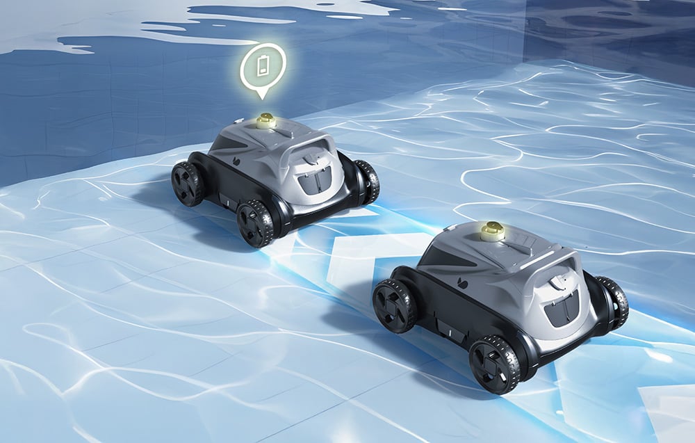 Two pool robots stand at the bottom of the pool, with a battery icon above one of them