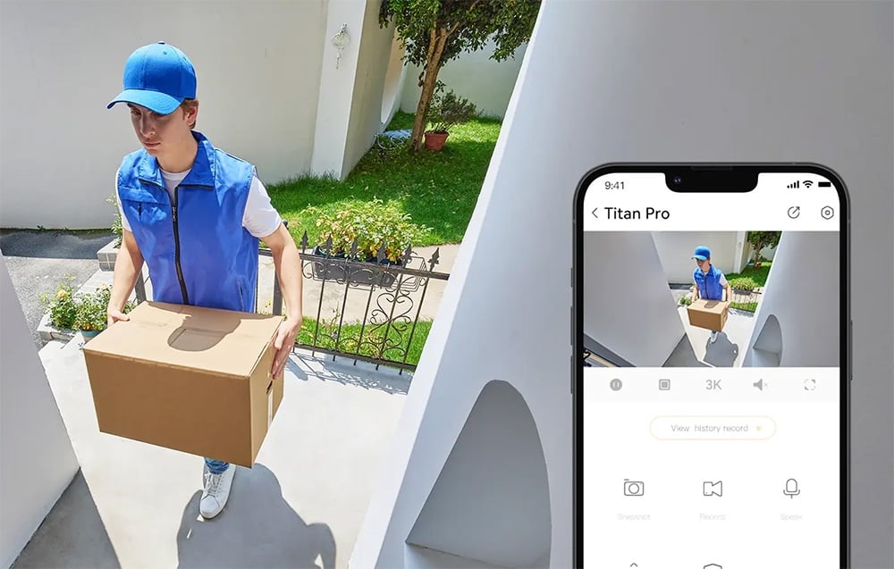 A courier with a package in the driveway, next to a smartphone with the Titan Pro app displaying a preview of the same scene
